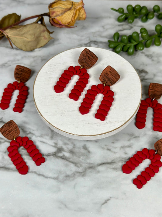 Heart Arch Dangles with Faux Wood Stud Topper